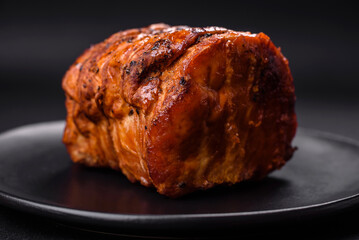 Delicious fresh smoked meat or ham with spices and herbs