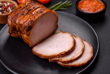 Delicious fresh smoked meat or ham with spices and herbs