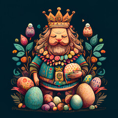 Happy Easter, Easter painted eggs, king holding an egg, Easter animal kings holding an egg,  Easter holiday concept, generative AI