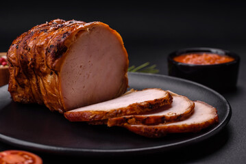 Delicious fresh smoked meat or ham with spices and herbs