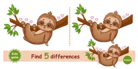 Cute lazy sloth rest hanging on tree branch, find 5 difference puzzle education children game. Funny slow tropical exotic animal character. Compare picture. Kid preschool learning logical task vector © Alla Koala