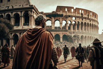 A nostalgic image of a day in the Roman Empire, gladiators in the colosseum, AI Generative - obrazy, fototapety, plakaty