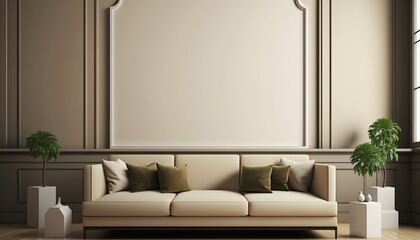 Beige interior with blank wall, sofa and decor generative ai