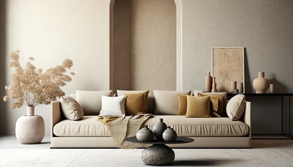 Beige interior with blank wall, sofa and decor generative ai