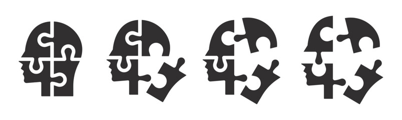 Set of human heads with puzzles icons. Puzzle human face, mental health, logical thinking, idea, business, business project. Vector.