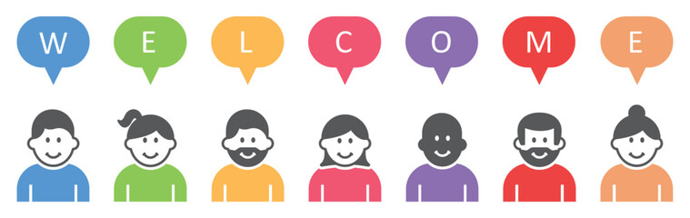 Set of people with speech bubbles and inscription welcome. Businessman and business women, business concept. Colorful welcome background with people. Vector illustration.