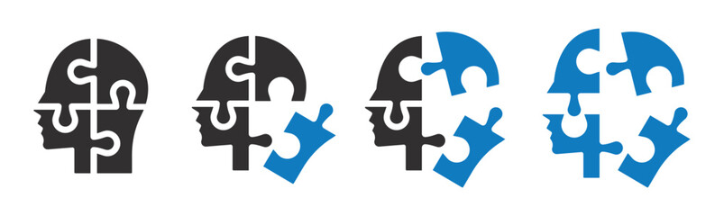 Set of human heads with puzzles icons. Puzzle human face, mental health, logical thinking, idea, business, business project. Vector.