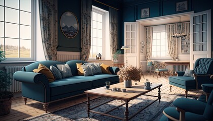 Digitally rendered view of a beautiful living room generative ai