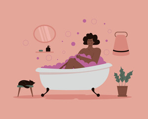 The concept of self-care. An African woman enjoys a bath, a metaphor of emotional harmony, relaxation, satisfaction from routine.