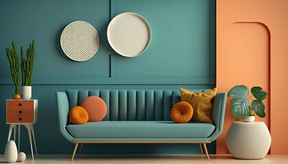 Living room interior mock up, modern furniture and trendy home accessories, on colored background generative ai