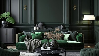 Luxury dark living room design with green furniture on gray wall, with plants and many decor pillows. . Generative AI