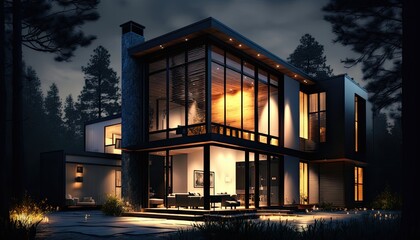 Obraz premium Modern house exterior. Night. Evening lighting. Forrest background. Generative AI