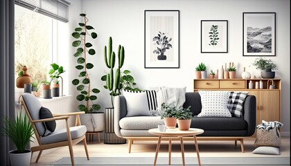 Scandinavian concept of living room interior with design sofa, coffee table, plant in pot, flowers. generative ai
