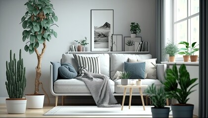 Scandinavian concept of living room interior with design sofa, coffee table, plant in pot, flowers. generative ai