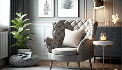 Stylish interior of living room with design grey armchair generative ai