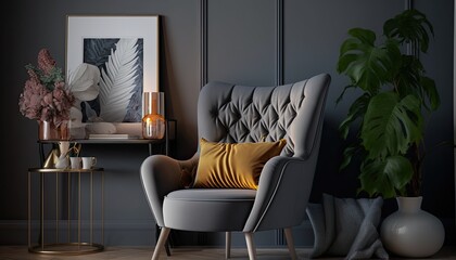 Stylish interior of living room with design grey armchair generative ai