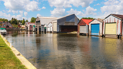 The boat houses at Port Rowan harbor on Lake Erie in Ontario, Canada.