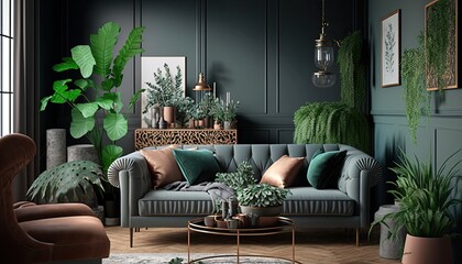Tylish interior design of living room at cozy apartment with stylish sofa, plants, design furniture generative ai
