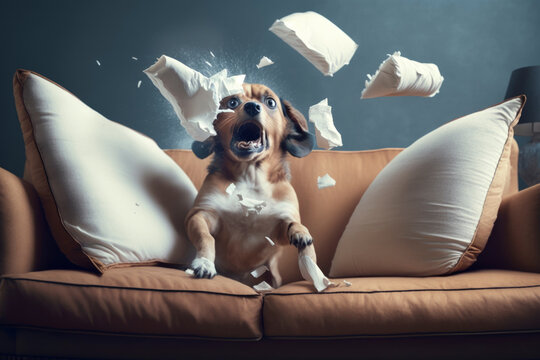 Aggressive dog that destroys the sofa cushions, Illustration. Generative AI