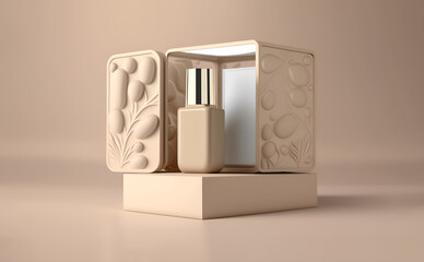Mockup 3D cosmetic product on pedestal. Cosmetic cream, makeup foundation, fragrance. Beige background. Beige color palette. Beauty advertisement. Generative ai.