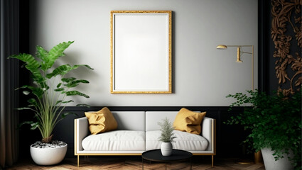Mock up poster frame in modern interior background, living room, Scandinavian style, generated ai