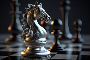 a white chess piece of a horse on a background of black chess pieces,  Generated AI