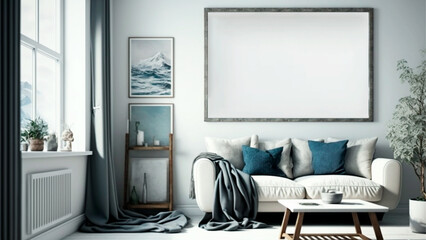 Mock up poster frame in modern interior background, living room, Scandinavian style, generated ai