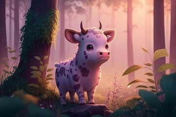 Pastel cow in a forest with magical environment