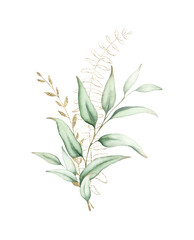 Watercolor floral bouquet with green eucalyptus leaves.
