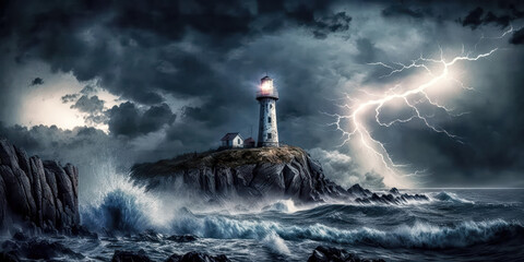 Fototapeta na wymiar Leuchtturm bei Nacht im Sturm Surreal Digital Art Gemälde Generative AI Digital Kunst Illustration Background Banner 