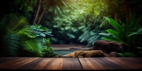 Empty Wooden table and blurred green naturedense forest with waterfall garden background GENERATIVE AI