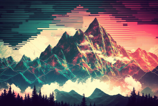 Distorted Glitch Geometric Mountains Landscape. Generative AI