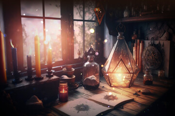 Witchcraft room, candle lantern, old vintage books, AI Generated background