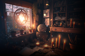 Mistery dreamcatcher, candle and moonlight,  AI Generated background