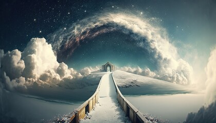way path to heaven kingdom, holy sacred road to heaven, or sci-fi high technology place,  concept of adventure to unknown place, Generative Ai
