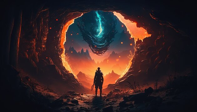 illustration, ring of fire circle among the cloud , dimension gate to peaceful place, a man standing among the cloud, idea for fantasy odyssey journey heroism them background wallpaper