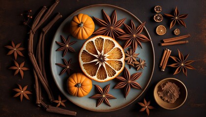 Fototapeta na wymiar dry pumpkin with star anise on tray, Generative Ai