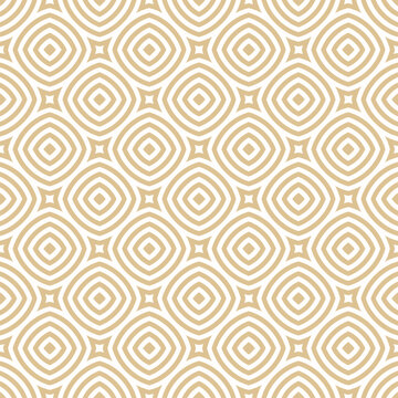 Geometric line seamless pattern. Luxury golden vector abstract texture with curved shapes, circles, squares, stripes, repeat tiles. Gold and white minimal geometric ornament. Simple elegant background © Olgastocker
