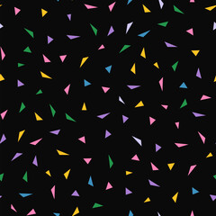 Vector abstract minimalist geometric texture with small colorful triangles, pink, blue, lilac, yellow, green on black background. Funky modern seamless pattern. Simple cute minimal repeat geo design