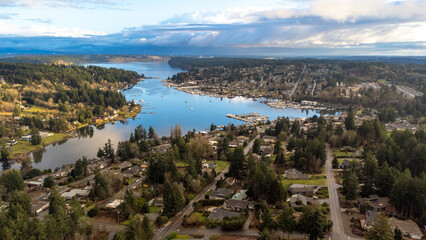 Fototapeta premium Rainbow over Gig Harbor, Washington
