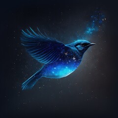 Blue bird flying in stars, space exploration, freedom concept. Generative AI