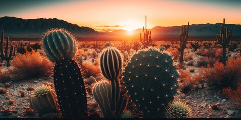 Fototapeta Cacti at Sunset in the Desert, generative ai obraz