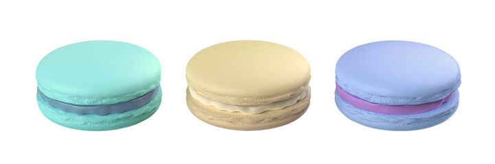 Three french macarons with different colors and flavors on transparent background