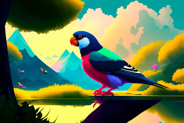 Digital art painting on canvas of parrot lovebird is sitting. Generative AI