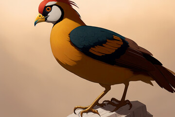 Golden pheasant on a stone. Digital painting art of a bird and nature on a background. Generative AI