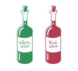 White wine and red wine bottle with label vector icons