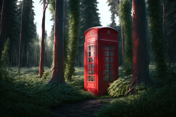 a red phone booth sitting in the middle of a forest, ai art illustration 