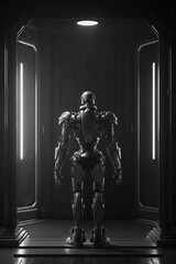 a robot is standing in a dark room, fantastic, sci-fi art illustration 