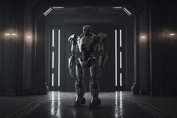 a robot is standing in a dark room, fantastic, sci-fi art illustration 