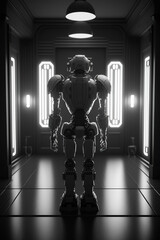 Fototapeta na wymiar a robot is standing in a dark room, fantastic, sci-fi art illustration 